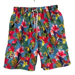 RS‎ Surf Mens Tropical Parrot Toucan Swim Trunks Blue Floral Board Shorts Large